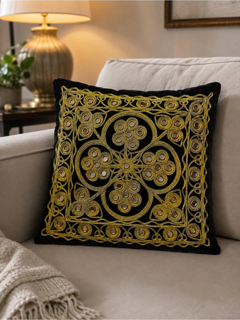 Decorative Black Velvet Cushion Cover with Gold Embroidery